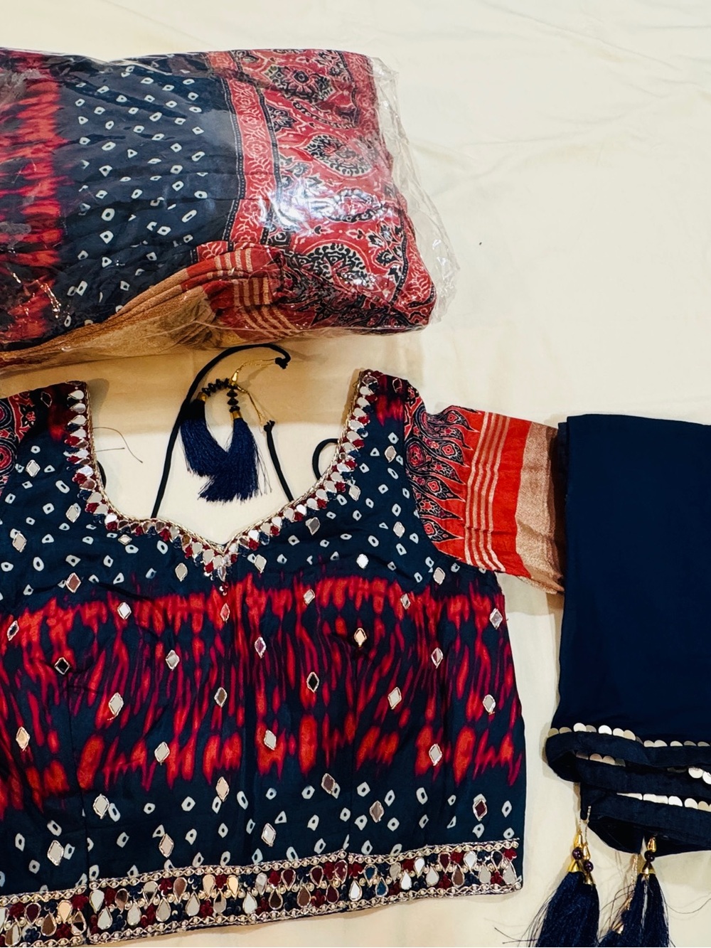 Printed Navy and Red Women's Top with Tassel chaniya choli